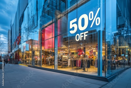 Modern Storefront with Large 50% Off Discount Sign on Glass Windows in Urban Shopping District photo