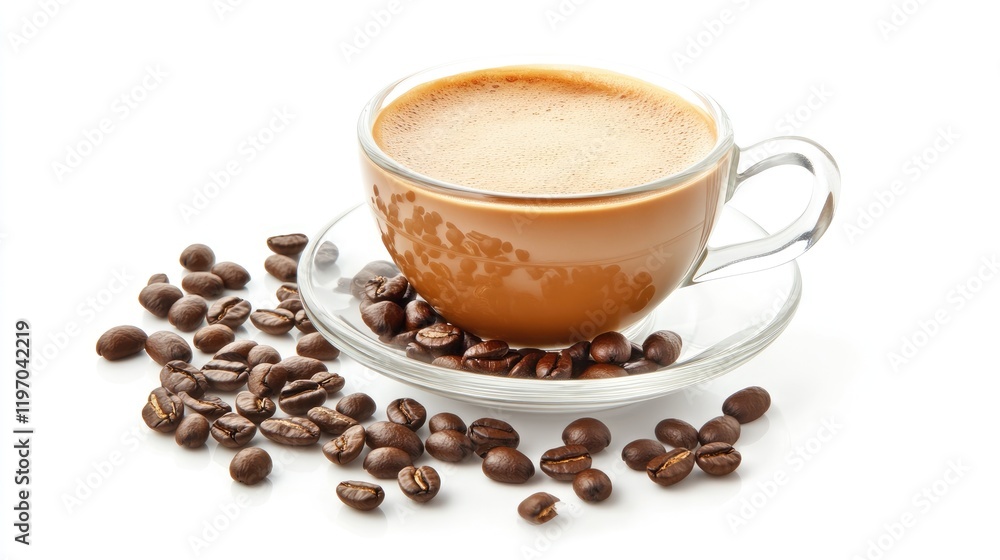 Fototapeta premium Cappuccino and Coffee Beans: A steaming cup of cappuccino sits on a glass saucer, surrounded by aromatic coffee beans. The rich brown color of the coffee contrasts beautifully with the clear glass.