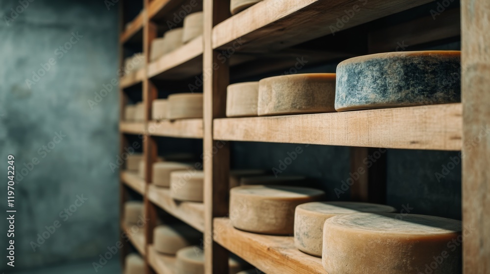 Aged Cheese Wheels on Wooden Shelves in Rustic Cellar - Artisan Craftsmanship and Gourmet Ingredients Captured in Trendy Stock Photography Aged Cheese Wheels on Wooden Shelves in Rustic Cellar - Artisan Craftsmanship and Gourmet Ingredients Captured in Trendy Stock Photography