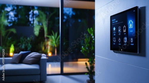 Modern Smart Home Technology: Touchscreen Control Panel in Sleek Interior Setting