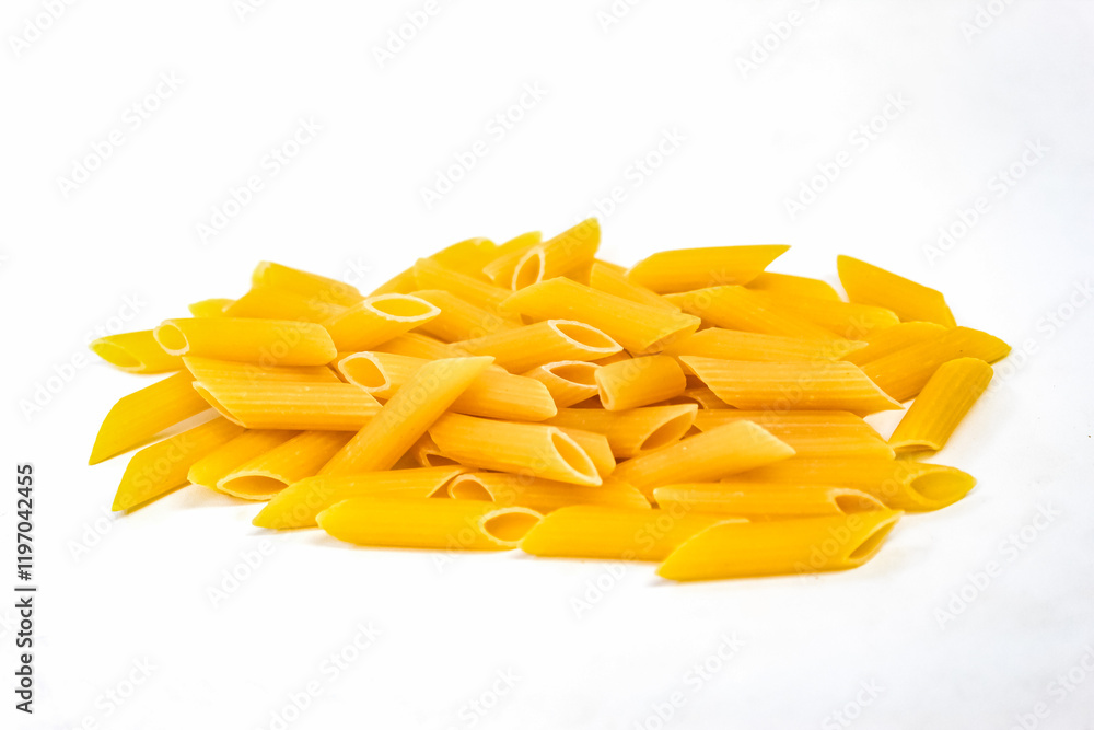 raw penne pasta isolated on white background raw penne pasta isolated on white background