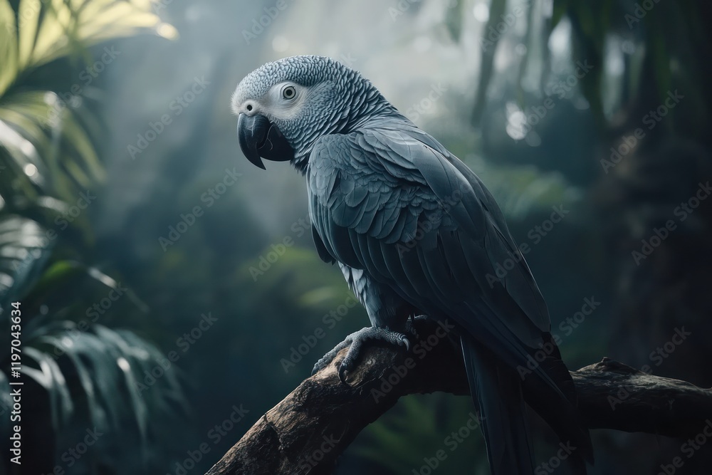 Fototapeta premium Grey parrot perched, jungle foliage, misty background, wildlife photography