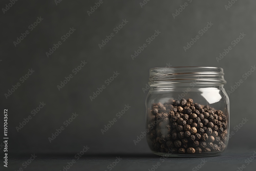 Black peppercorns in a glass jar with dark background with copy space Black peppercorns in a glass jar with dark background with copy space