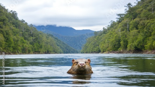 Otter swimming in a river wildlife ecosystem nature photography lush green environment close-up view photo