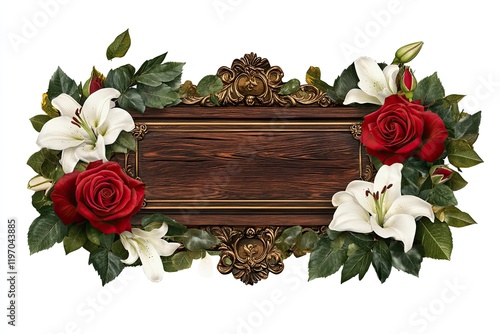 Ornate Wooden Frame Adorned with Lilies and Roses photo