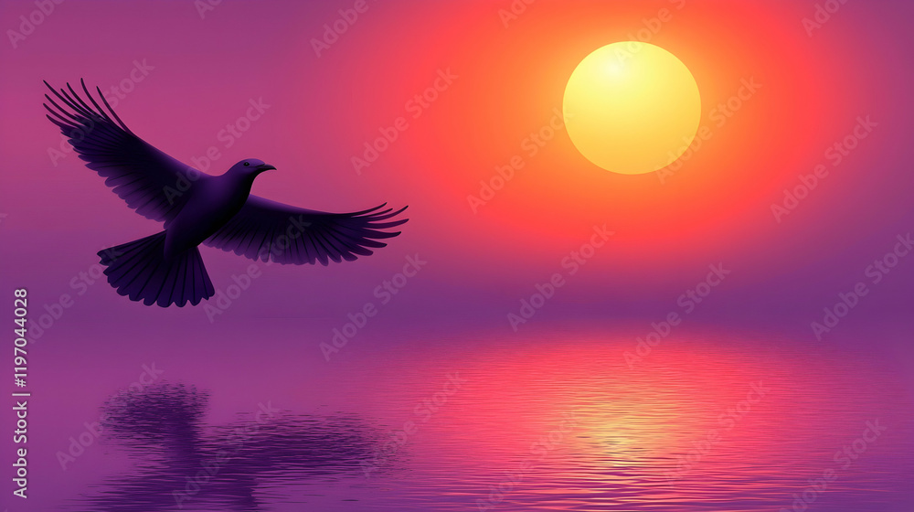 Obraz premium Serene sunset scene featuring a bird in flight over calm water, reflecting the vibrant colors of the sky.