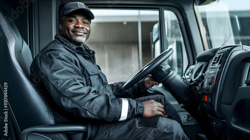 Happy black truck driver in the truck with copy space