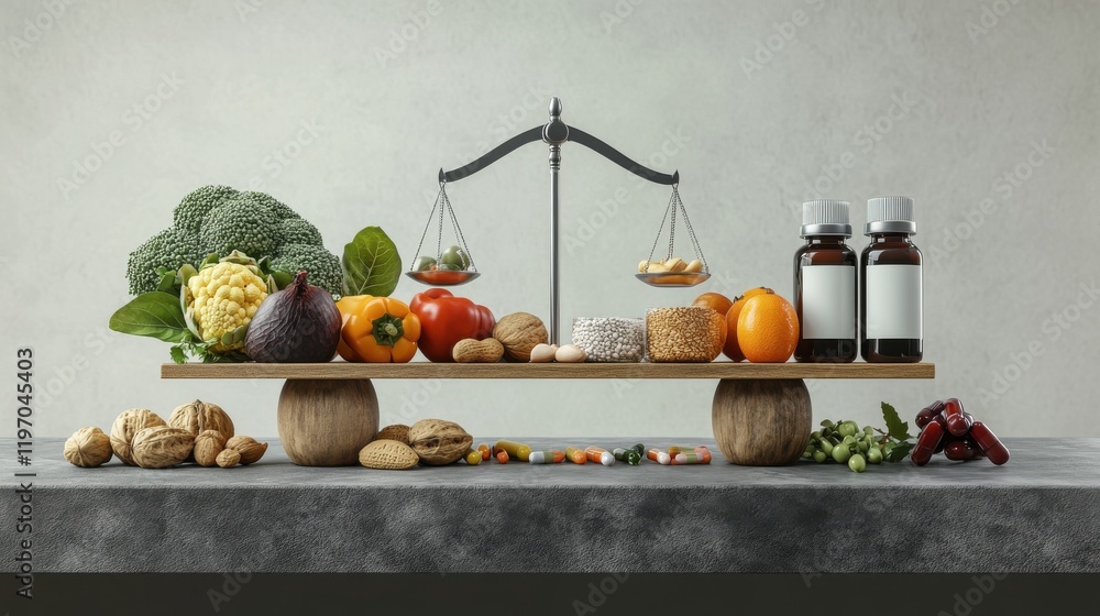 A 3D render of a scale balancing vibrant, colorful whole foods on one side against gray, sterile pharmaceutical products on the other.
