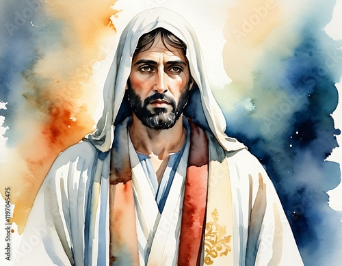 Watercolor Potrait Illustration of Judas Iscariot, one of the original Twelve Apostles of Jesus Christ. Judas betrayed Jesus to the Sanhedrin in the Garden of Gethsemane photo