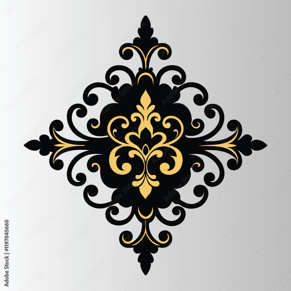 Ornate black and gold fleur-de-lis design, diamond-shaped scrollwork patter. Ornate black and gold fleur-de-lis design, diamond-shaped scrollwork patter.