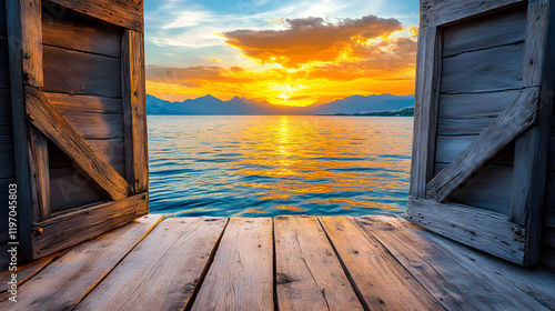 breathtaking view through rustic wooden doors, framing a stunning sunset over calm waters, with vibrant hues of orange, pink, and purple reflecting on the lake's surface, and a silhouette of distant m