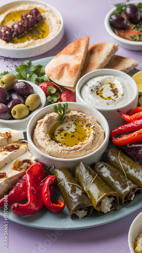 Greek Meze Platter with Hummus, Tzatziki, and Olives