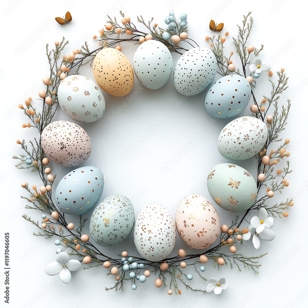 Obraz premium Elegant Easter wreath with pastel eggs and flowers