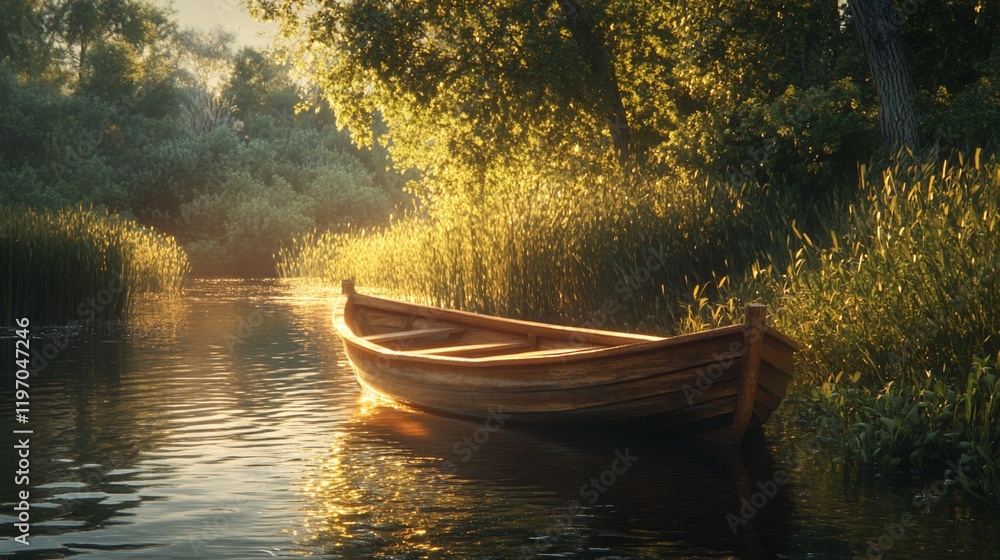 Tranquil sunrise river boat, nature scene, calm water Tranquil sunrise river boat, nature scene, calm water