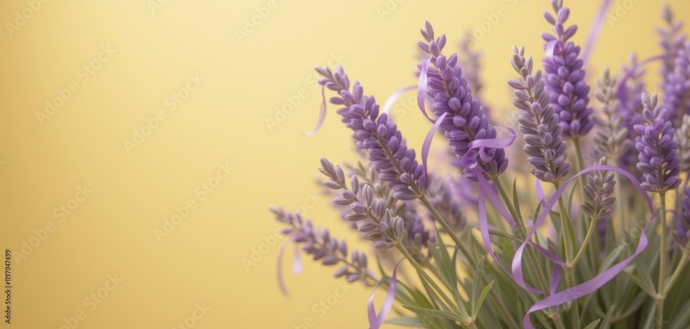 Naklejka premium Lavender stems with purple ribbons on yellow background.