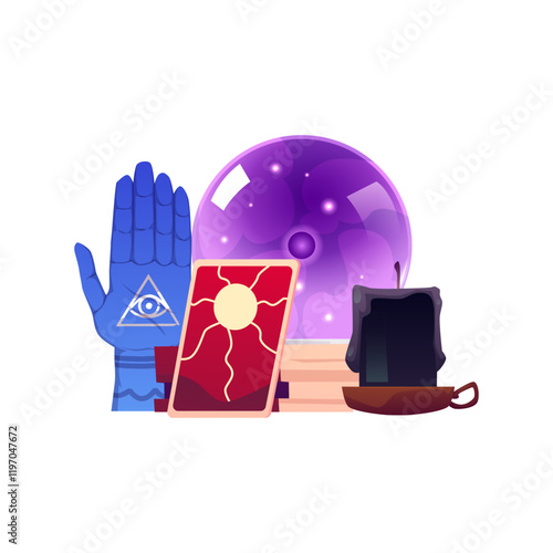 Magical vector elements for oracle: crystal ball, tarot cards, hamsa hand amulet and black candle