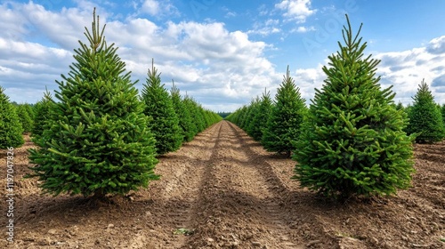 A Christmas tree farm with neatly arranged rows of pine trees. photo