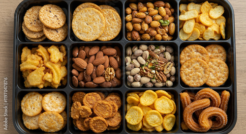 International Snack Platter
A diverse platter featuring popular international snacks such as Japanese rice crackers, Indian spiced nuts, and Mexican churros photo