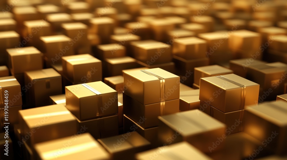 Golden Boxes Stacked in a Warehouse Environment Golden Boxes Stacked in a Warehouse Environment