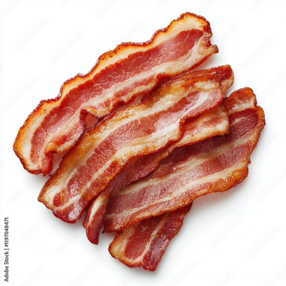 Crispy Bacon Strips Isolated on White Background for Food Lovers Crispy Bacon Strips Isolated on White Background for Food Lovers