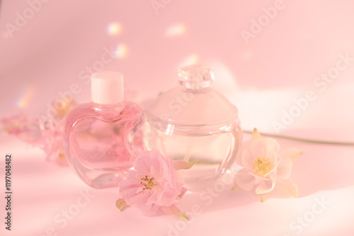 Elegant Perfume Bottle with Flowers on Soft pink Background photo