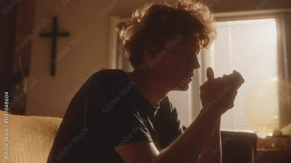 Depressed young man with curly hair sitting on couch, praying and emotionally crying in sunlit living room with cross hanging on wall in background