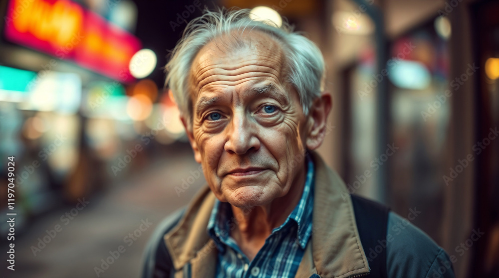 portrait of an elderly man in a street, soft lighting portrait of an elderly man in a street, soft lighting