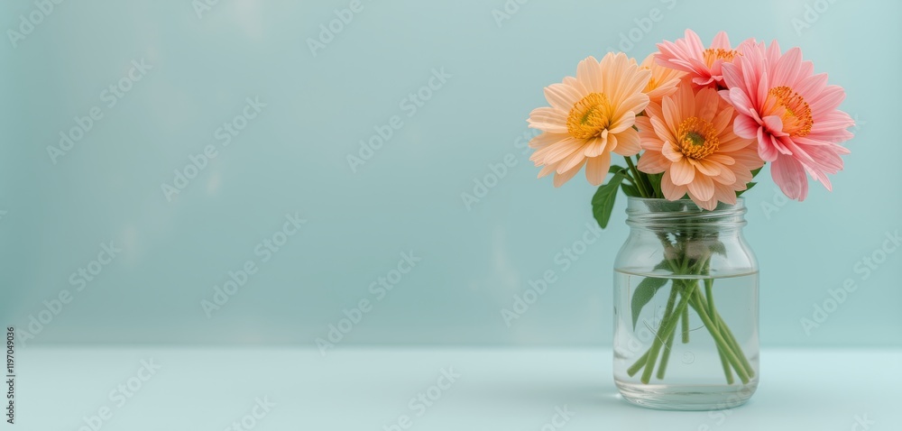 Obraz premium Peach and pink flowers in a jar on pastel blue backdrop