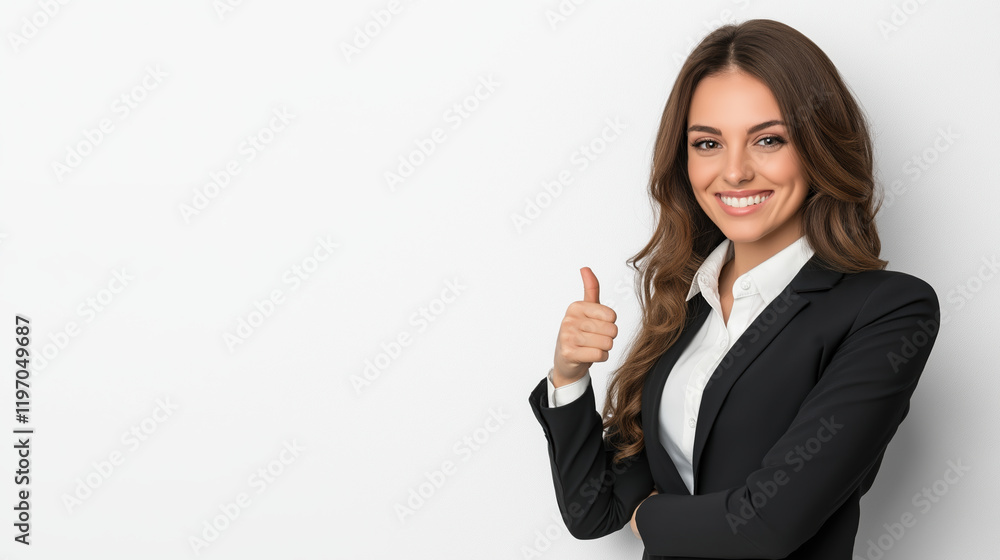 Business woman with long wavy hair showing thumbs up. Corporate success and lifestyle content Business woman with long wavy hair showing thumbs up. Corporate success and lifestyle content