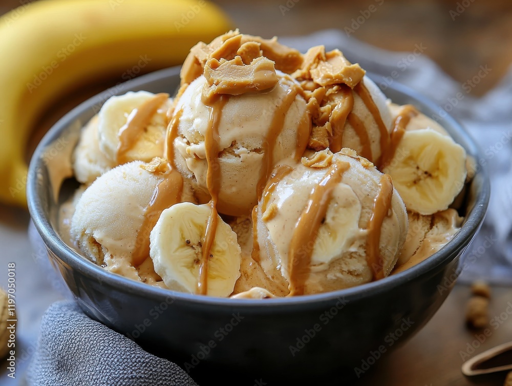A creamy bowl of peanut butter and banana ice cream, with sliced bananas and a drizzle of peanut butter on top. A creamy bowl of peanut butter and banana ice cream, with sliced bananas and a drizzle of peanut butter on top.