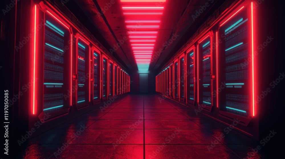 A futuristic server room illuminated by vibrant red and blue lights, showcasing rows of sleek data storage units in a high-tech environment. A futuristic server room illuminated by vibrant red and blue lights, showcasing rows of sleek data storage units in a high-tech environment.