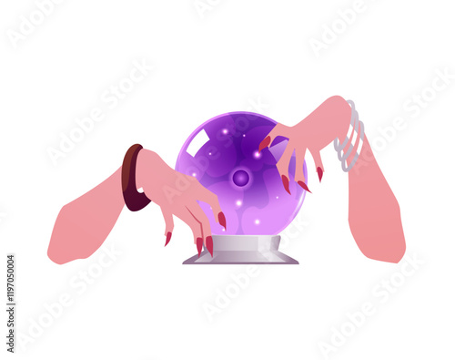 Vector of female hands with long nails and bracelets holding a crystal ball on isolated background.