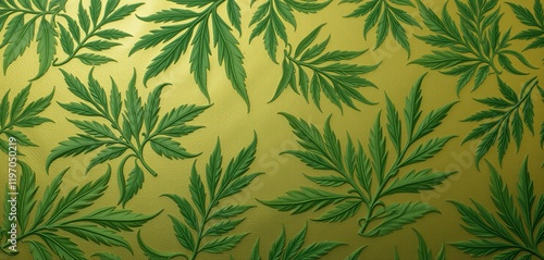 Green leafy pattern on a textured golden background