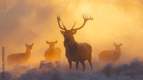 Deer at Dawn in Frosty Field
