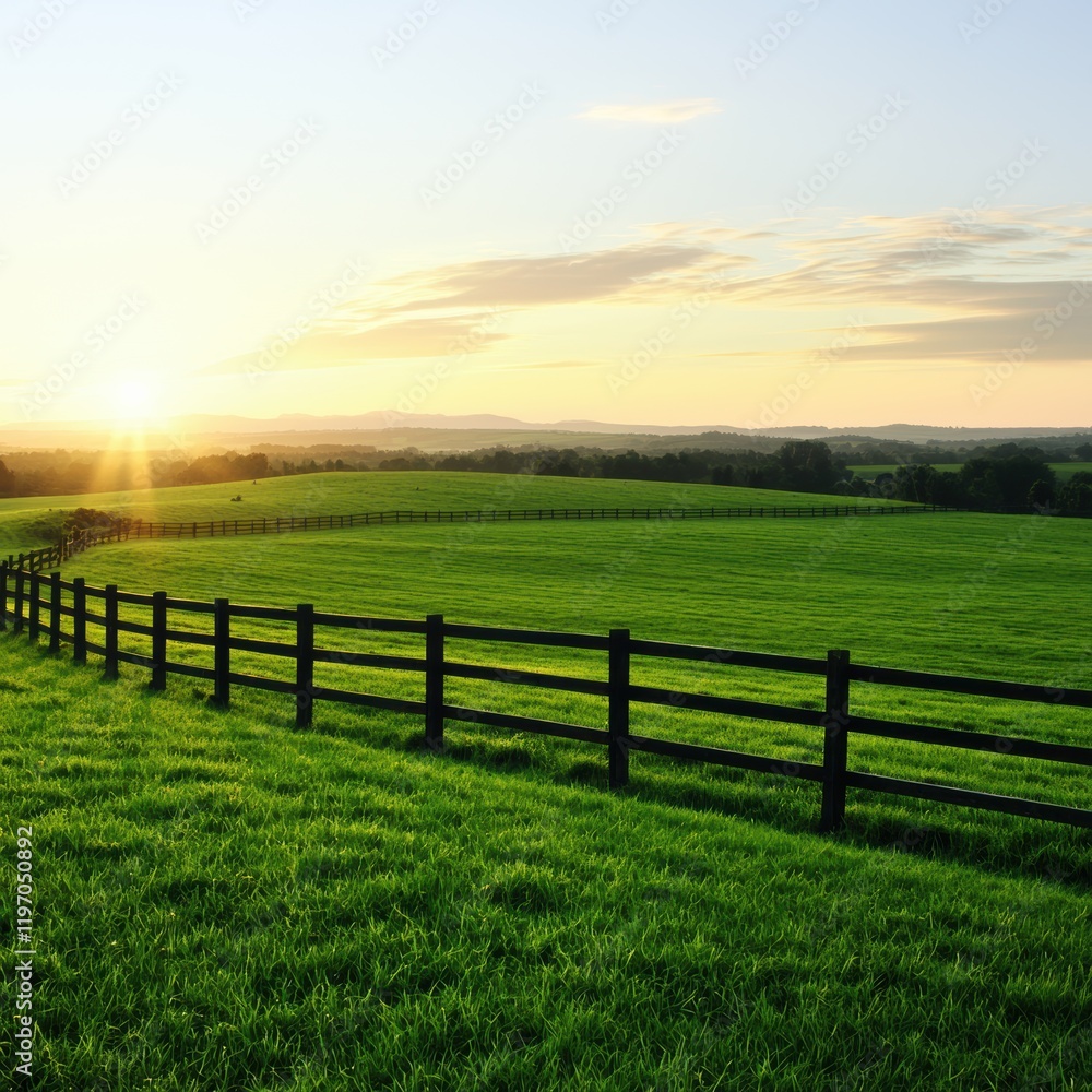 Serene Landscape with Green Fields and Sunset Sky at Dusk Serene Landscape with Green Fields and Sunset Sky at Dusk