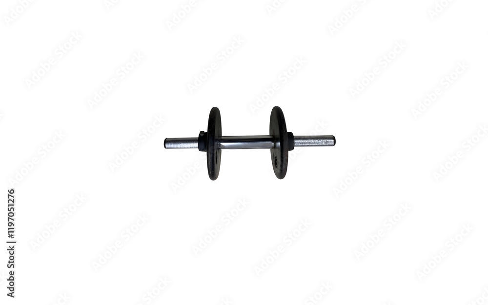 A barbell with a silver-colored bar and black weight plates isolated against white background A barbell with a silver-colored bar and black weight plates isolated against white background