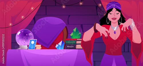 Illustration of a fortune teller's room with a table, crystal ball, tarot cards, character.