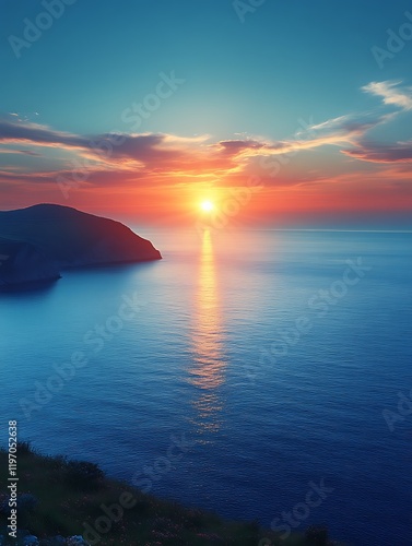 Vibrant sunset over calm ocean and cliff.
