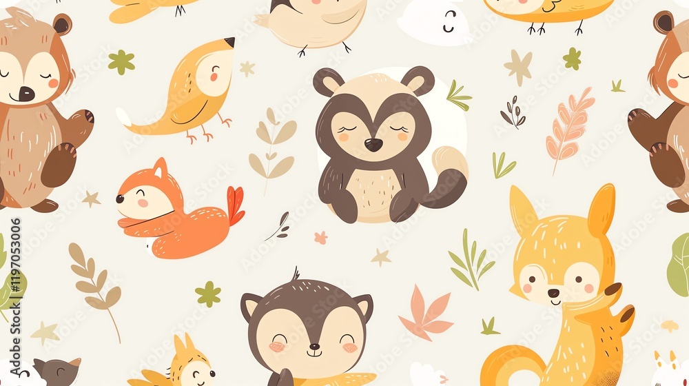 Fototapeta premium Cute cartoon animals seamless pattern. Perfect for kids, fabric, and wallpaper.