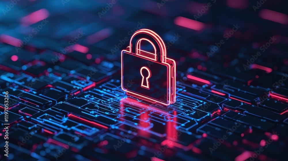 A glowing digital padlock symbolizing cybersecurity and data protection in a high-tech environment. A glowing digital padlock symbolizing cybersecurity and data protection in a high-tech environment.