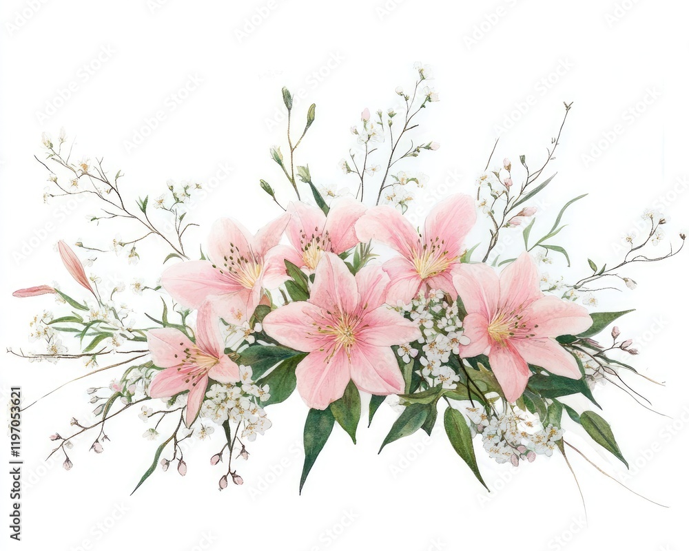 Beautiful harmonious composition of pink flowers and twigs on a white background. Beautiful harmonious composition of pink flowers and twigs on a white background.