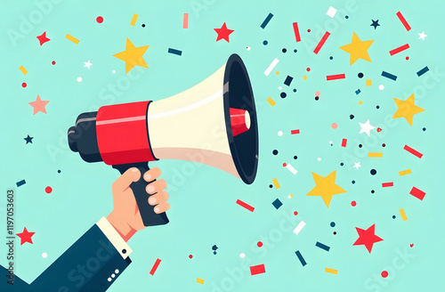 Employee Appreciation Day Celebration Illustration. A vibrant illustration featuring a hand holding a red and white megaphone with colorful confetti and stars on a light teal background