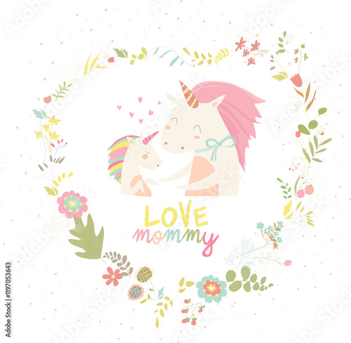 Cute Small Unicorn with Mom. Vector Illustration.