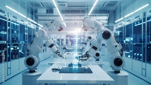 Two white industrial robots working together in a futuristic, clean, high-tech facility.  Advanced robotic arms interacting at a table.  Modern,  automated,  technology,  innovation,  factory,  manufa photo