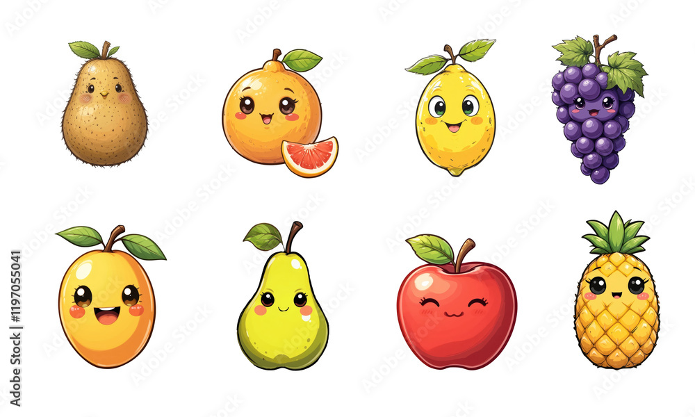 Set of animated fruits characters with smiling faces, isolated. Educational, nutritional, vegetarian concept