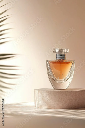 A glass perfume bottle with a black cap on a pink background