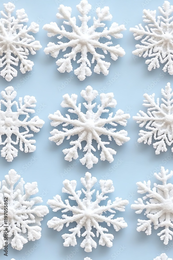 On a plain white or blue surface, white snowflakes stand out, emphasizing their unique symmetrical shapes in a seamless wallpaper design. On a plain white or blue surface, white snowflakes stand out, emphasizing their unique symmetrical shapes in a seamless wallpaper design.