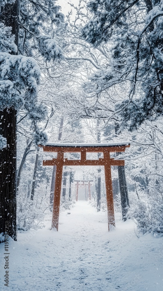 A torii gate standing in a snowy Japanese forest, surrounded by serene trees and a tranquil path, symbolizing harmony and spirituality. Perfect for cultural and winter landscape themes. A torii gate standing in a snowy Japanese forest, surrounded by serene trees and a tranquil path, symbolizing harmony and spirituality. Perfect for cultural and winter landscape themes.