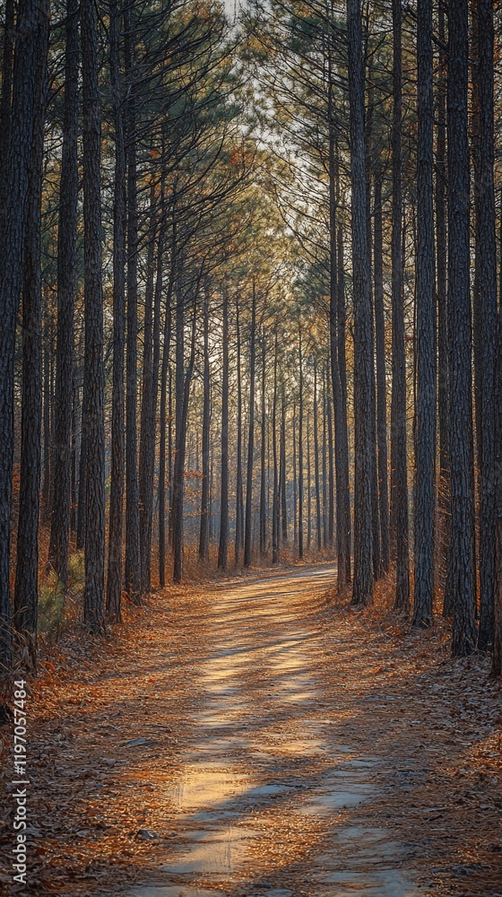 Sunlit path through autumn pine forest Sunlit path through autumn pine forest