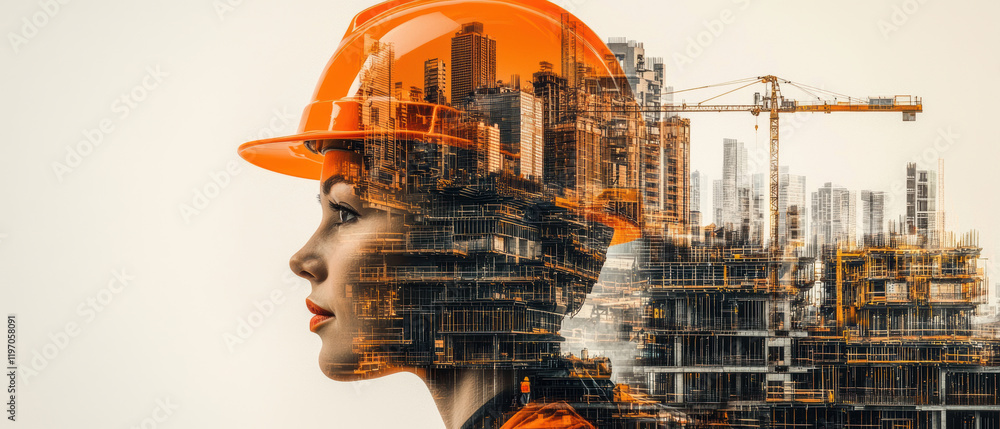 striking double exposure of construction worker with city skyline striking double exposure of construction worker with city skyline